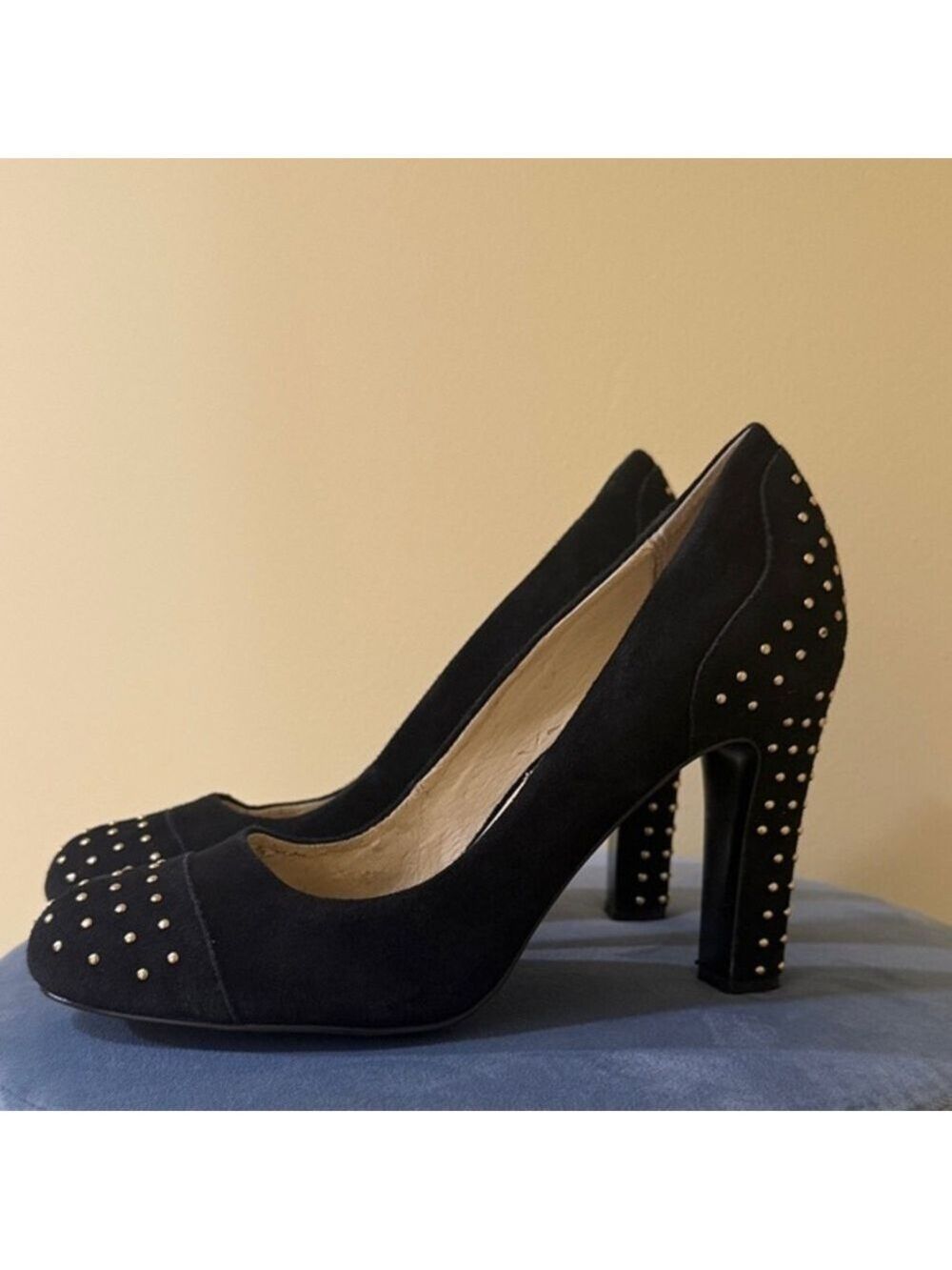 Anne Klein Black Suede Women’s 4” Heels Pumps with Gold Studs Size 7.5M